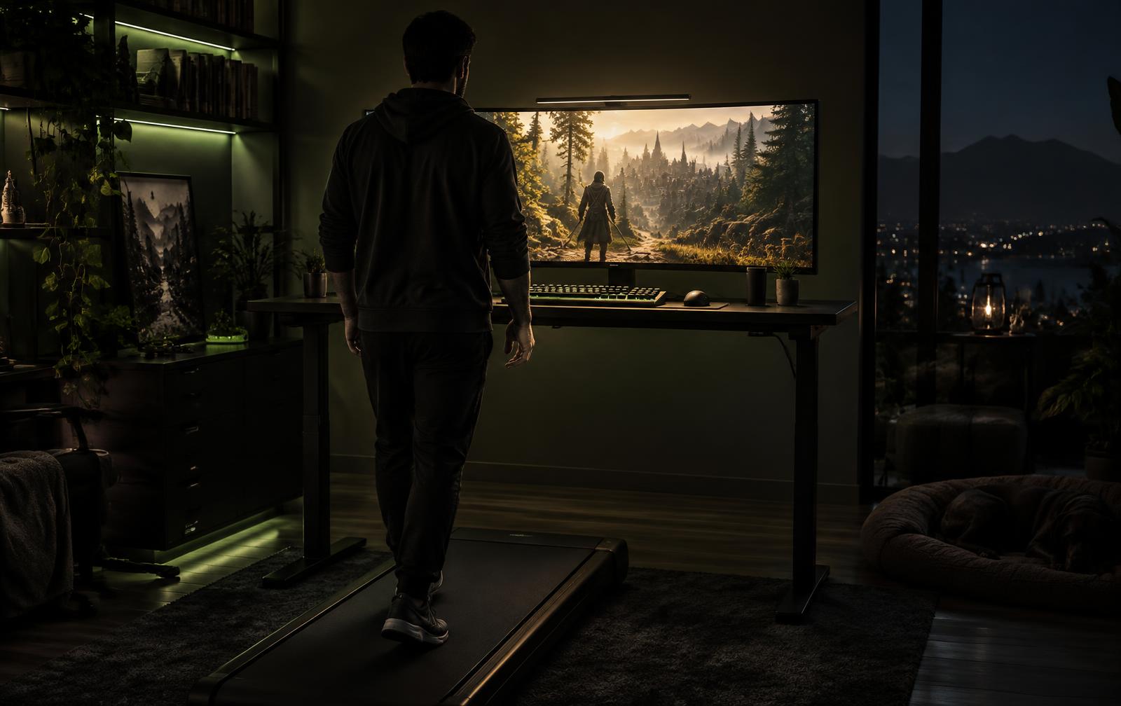 Gamer walking on a walking pad while their character walks through a fantasy world on screen