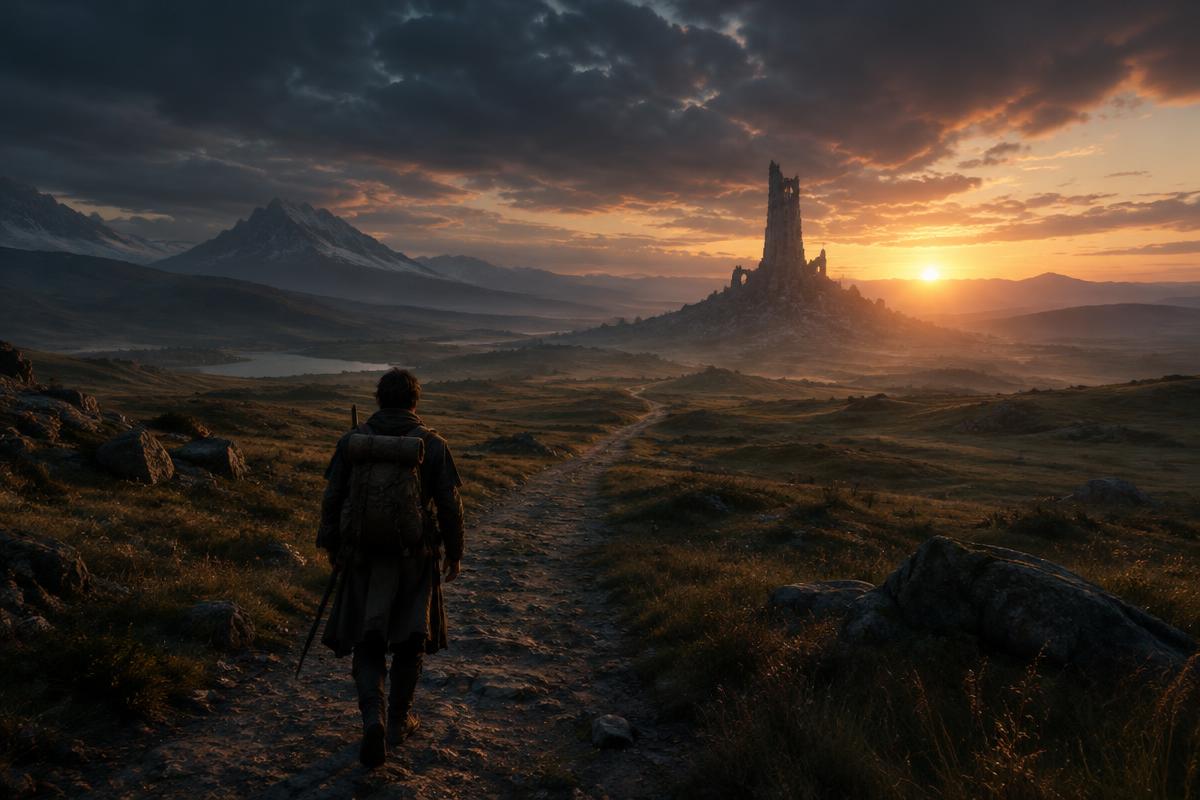 Original illustration of a traveler walking toward a distant tower